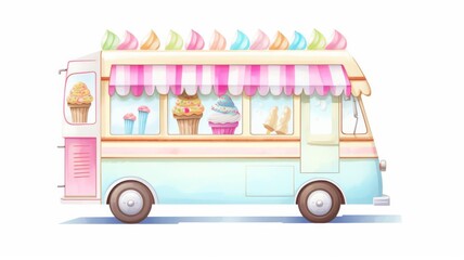 A cute, miniature ice cream truck illustrated in watercolor clipart style, filled with tiny, delightful ice cream cones, vivid and enchanting, isolated elegantly on a white background