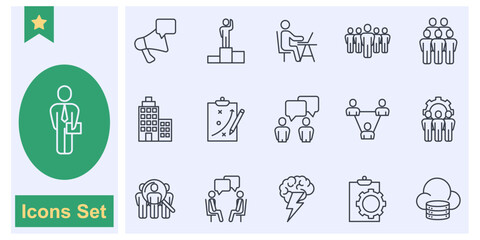 business process, team work and human resource management icon set symbol collection, logo isolated vector illustration