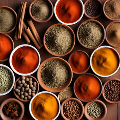 colorful powdered spices in small bowls, ai-generatet