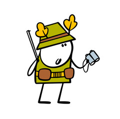 Cartoon hunter in a camouflage suit and disguise stands in the forest and holds a gun. Vector illustration of a stickman looking through binoculars at  animal, watching. Isolated on white background.