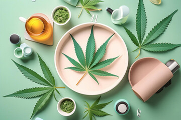 Cannabis leaves and jars of cosmetics and pharmacy products are laid out on a light green background. Concept of natural cosmetics and the use of cannabis extract in cosmetics and medicine