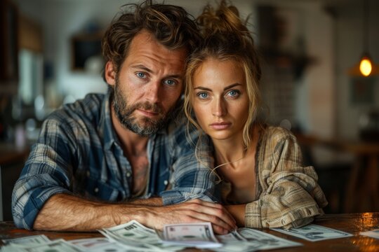 The image captures a tense moment as a couple appears worried, surrounded by bills and a calculator