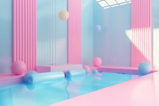 Luxurious Indoor Swimming Pool with Pink and Blue Decor and Balloons Hanging from the Ceiling