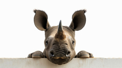 playful black rhino calf peeking with innocence over a blank backdrop for conservation messaging. endangered species animal - obrazy, fototapety, plakaty