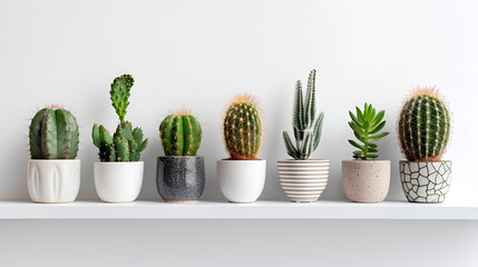  a group of potted plants in a white room ,Collection of various plants in different pots ,Potted house plants on shelf against wall on white background 