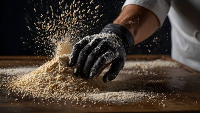 Chef in black uniform sprinkles white wheat flour in different directions product scatters dust b.generative AI