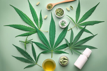 Cannabis leaves, capsules, tablets and medicine jars on green background, flat layout, top view. Medicinal Marijuana Uses in Medicine and Health Preservation