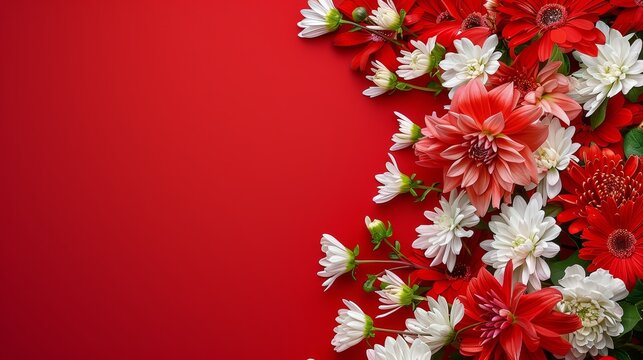 Beautiful dahlia flowers on red background. Top view with copy space
