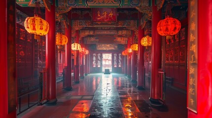 Traditional calligraphy adorning the walls of a historic temple in Hong Kong.