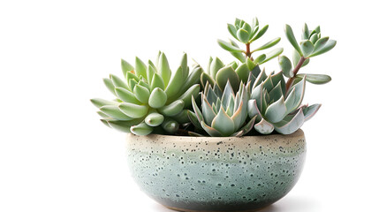 A potted plant with green leaves on a white surface ,Top view of succulent plant in pot isolated on white background