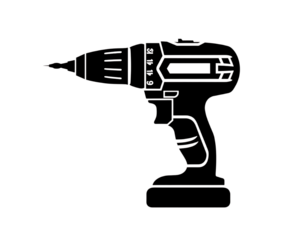 Black and white vector icon of an electric drill, using simple shapes with a bold outline on a white background 