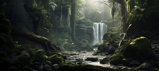 A Hidden Waterfall Nestled Within a Dense Forest: A Secret Paradise of Tranquility and Natural...