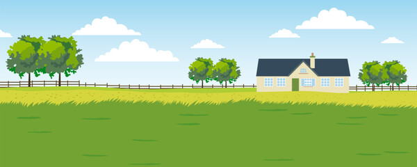Beautiful farm landscape with fields, meadows, trees, cute farmhouse, wooden fence for livestock, against the backdrop of a summer blue sky with clouds. Vector illustration for design.