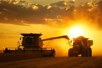 Sunset Harvesting of Wheat with Combine Harvester in North Dakota Prairie, North America
