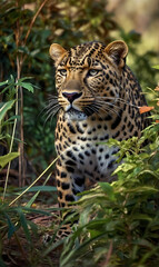 Naklejka premium The jaguar, a wild animal, sneaks through the forest bowl and overgrows