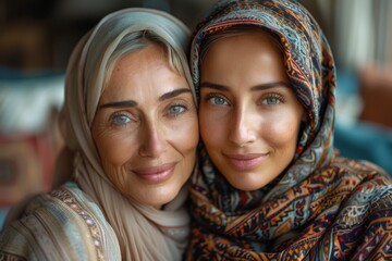 Mother and daughter with blue eyes wearing traditional hijabs in a bonding close-up portrait