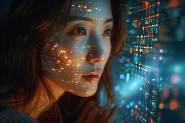 A contemplative woman looks towards a vivid display of glowing bokeh lights symbolizing connectivity and technology