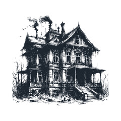 The Old rustic house. Black white vector illustration.