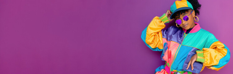Young African American woman in a bright multi-colored tracksuit in retro 90s style, banner