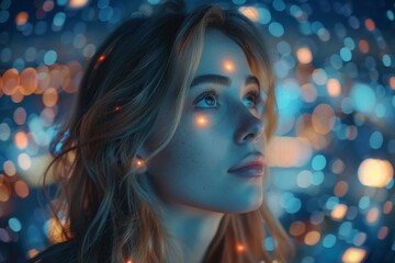A mysterious woman's silhouette against a mesmerizing background of multicolored bokeh lights that exude a sense of magic