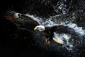 Fototapeta premium beautiful eagle bird flying by flapping their wings with splash of water isolated on black background 