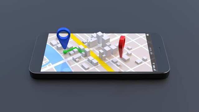 Mobile GPS navigation concept, Smartphone with city map application and marker pin pointer.
