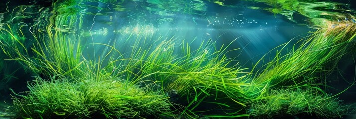 Underwater Grass, Long Seaweed in Dark River Water, Overgrown Stream with Algae, Grass Waving in Water