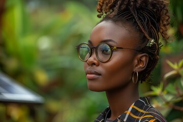 An African woman with a stylish hairstyle seen from backside, representing individuality and culture - obrazy, fototapety, plakaty