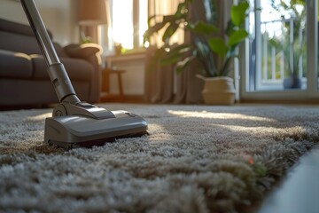 Brown Carpet Vacuum Cleaner in a Living Room with Copy Space. Concept Cleaning, Home Décor, Household Appliances, Living Room Setup, Copy Space