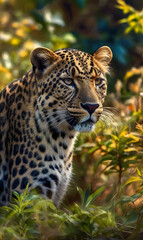 The jaguar, a wild animal, sneaks through the forest bowl and overgrows