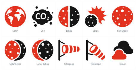 A set of 10 Weather icons as earth, co2, eclips - obrazy, fototapety, plakaty