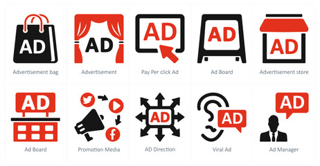 A set of 10 ads and marketing icons as advertisement bag, advertisement, pay per click ad