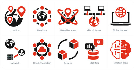 A set of 10 Big Data icons as location, database, global location