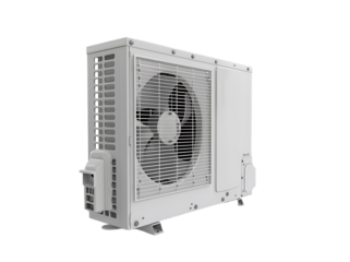 AC Air conditioner exterior, air flow in the fan of outdoor unit, white background