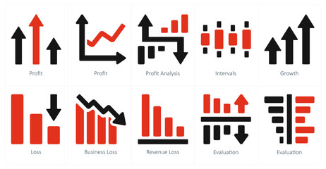 A set of 10 Diagrams and Reports icons as profit, profit analysis, intervals