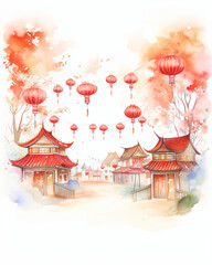 Watercolor illustration of a Chinesestyle community scene with houses adorned with hanging red lanterns, styled as clipart, capturing the festive and traditional ambiance, isolated on a white backgrou