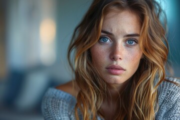 A serious young woman with deep eyes and wavy hair gazes intently, set against a muted background