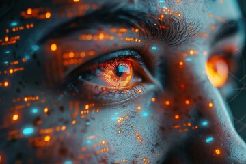 A detailed close-up showcasing a human eye with overlaying futuristic digital graphics, symbolizing advanced technology integration with human body