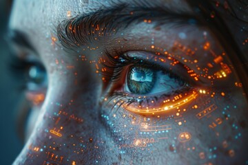 Deep focus shot of a human eye with digital graphics representing the idea of digital integration or augmented reality
