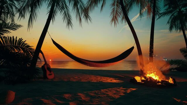 Summer, cosy evening by the fire on the beach with palm trees against the backdrop of the setting sun and calm ocean. 3D animation. 