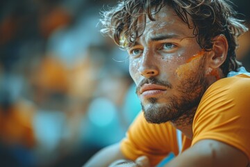 A focused male athlete rests during a game, face painted with team colors, embodying determination and exertion