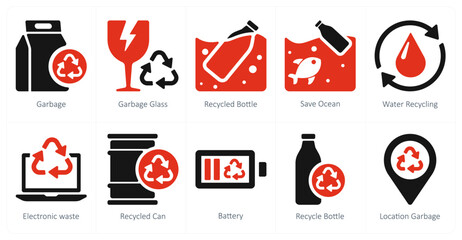 A set of 10 Ecology icons as garbage, garbage glass, recycled bottle