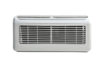  A long and narrow air conditioner with white color is displayed on the right side of an isolated background
