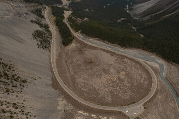 Aerial view of the curve at The Big Bend on the Icefield Parkway.