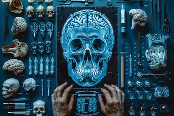 In a dark setting, hands in surgical gloves hold a glowing human brain above a table filled with surgical instruments