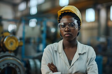 A confident African American female engineer operates industrial equipment on factory floor. Concept Industrial Engineering, Factory Operations, African American Woman, Machinery, Confident Attitude