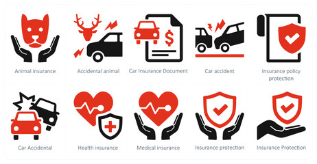 A set of 10 Insurance icons as animal insurance, accidental animal, car insurance document