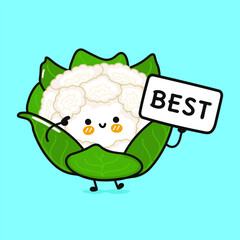 Cute Cauliflower with poster best. Vector hand drawn cartoon kawaii character illustration icon. Isolated on blue background. Cabbage think concept