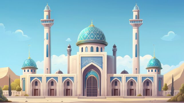 A digital illustration of an Islamic mosque, in Iranian style. Traditional Islamic architecture with Minaret and dome, and beautiful arched entrance. 