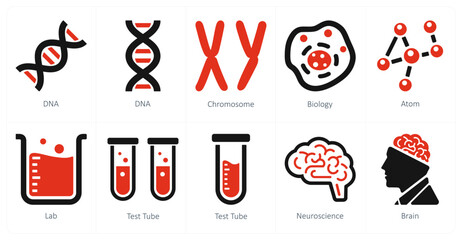 A set of 10 Science and Experiment icons as dna, chromosome, biology - obrazy, fototapety, plakaty